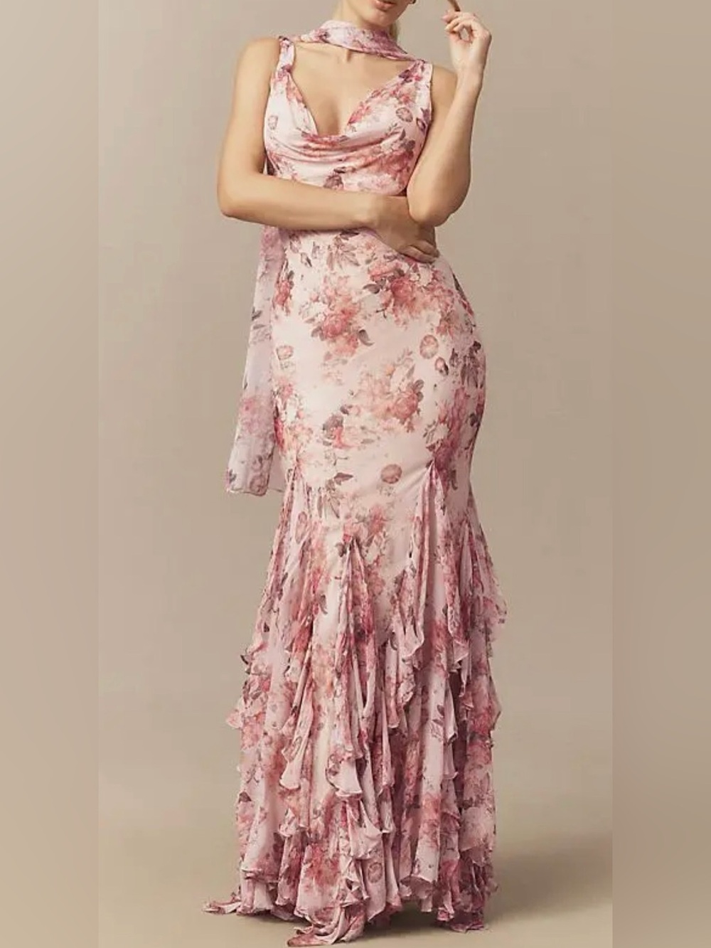 BHLDN Lauren Mermaid Ruffle Chiffon Maxi Dress sz L